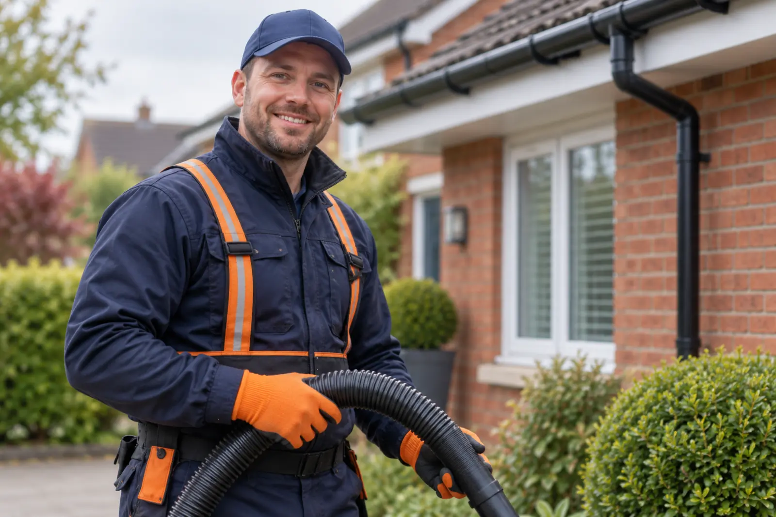 Illustrative image of a worker in navy and orange workwear outside a brick house