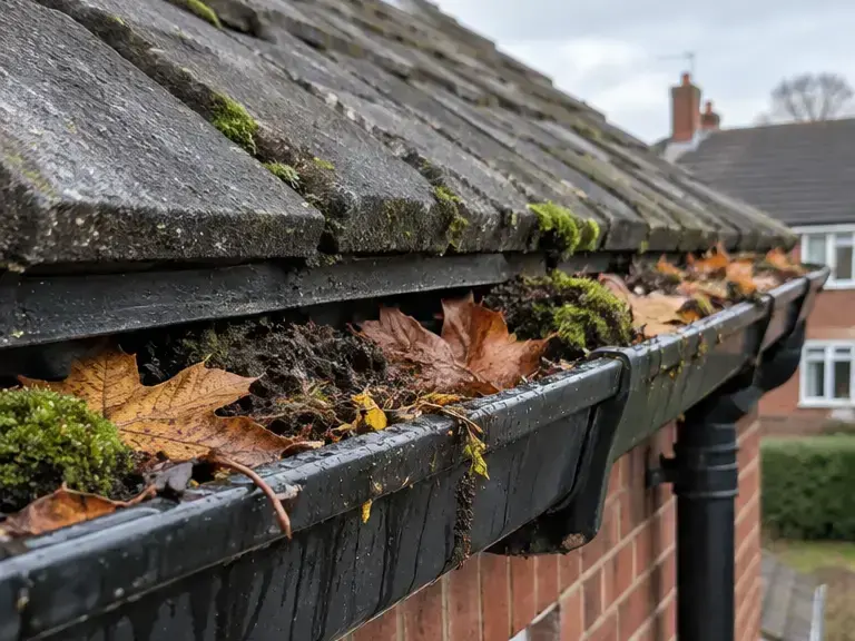Black gutter containing leaves and moss beside a brick wall