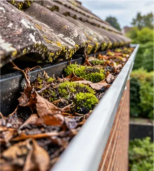 Gutter packed with brown leaves and green moss beneath weathered roof tiles