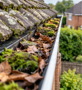 Black gutter below mossy roof tiles, filled with dead leaves and clumps of moss
