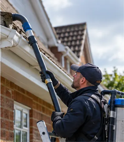 Gutter cleaner on a ladder using a gutter vacuum pole to clear a white uPVC gutter on a brick house