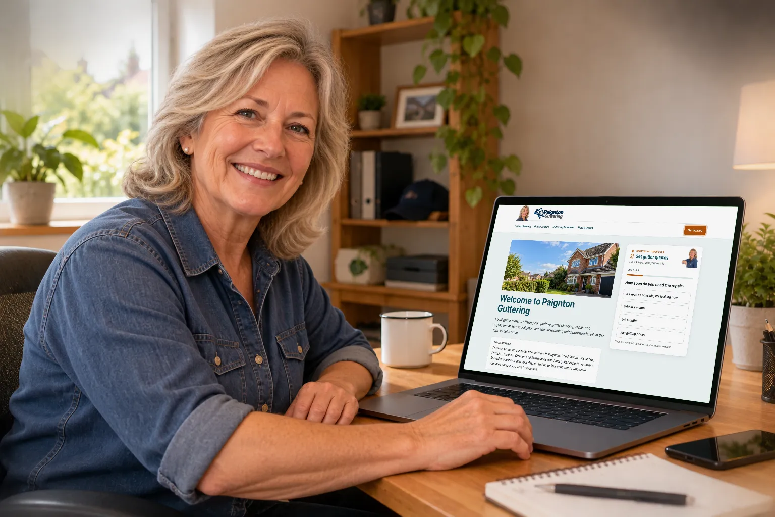 Smiling man at a desk looking at the Paignton Guttering website on a laptop